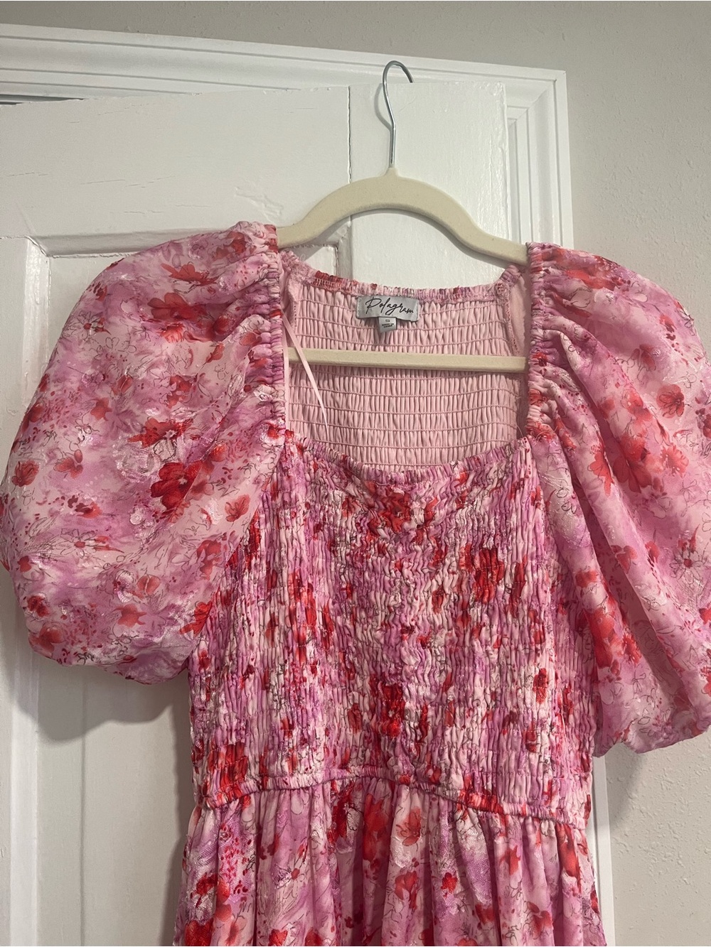 Pink Floral Puff-Sleeve Midi Dress